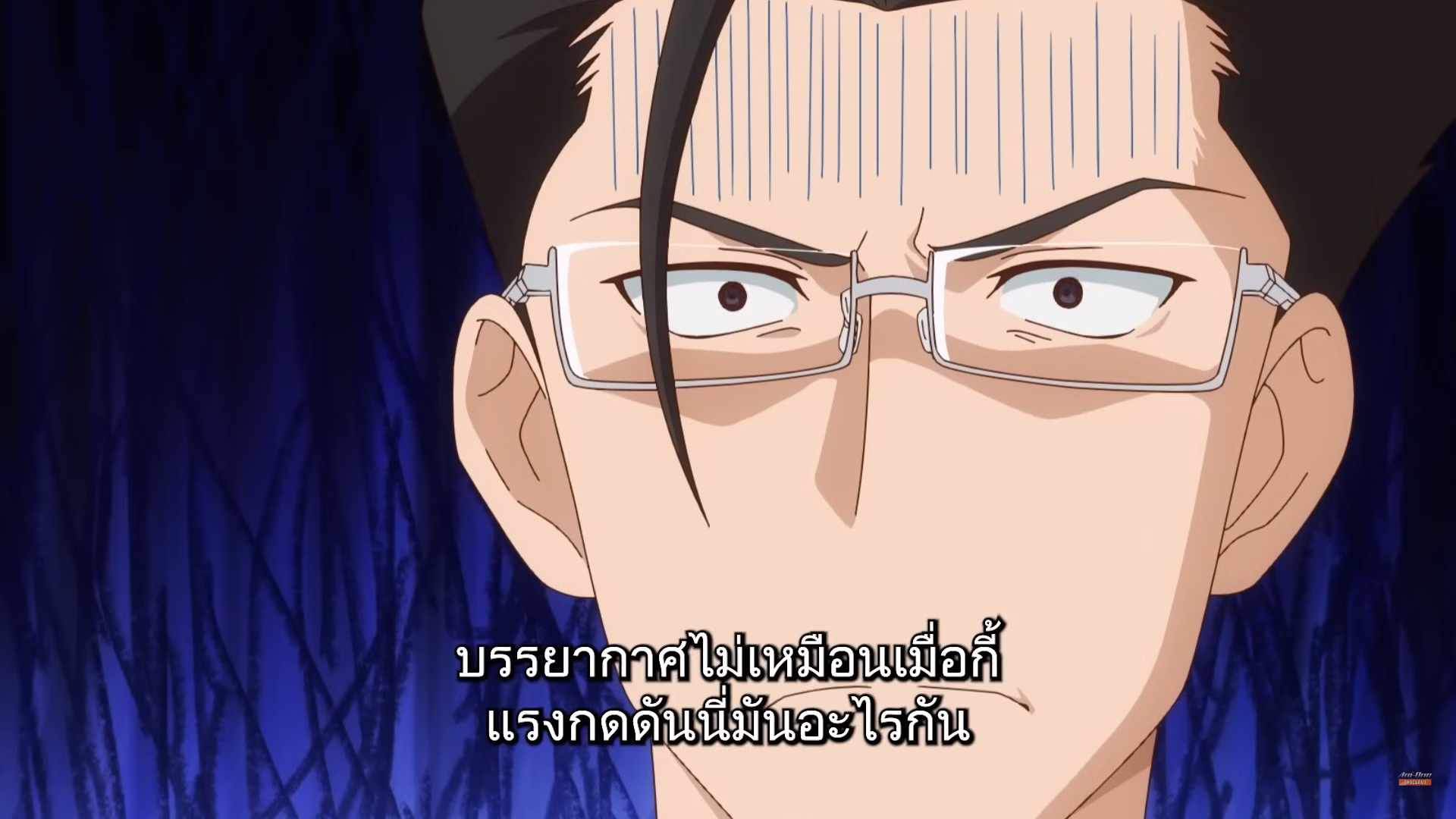 the image features a closeup portrait of an adult male anime character. he has short, dark hair styled upwards and wears rectangular glasses. his expression conveys a mix of surprise, disbelief, and concern, evident from his wide eyes, furrowed brows, and visible sweatdrops. the background is a dark, blurry blue with a pattern reminiscent of stylized trees or foliage. a speech bubble, presumably containing dialogue,  is positioned below his chin but the text is not in english. the image utilizes a cool color palette with strong contrasts, characteristic of anime and manga style.