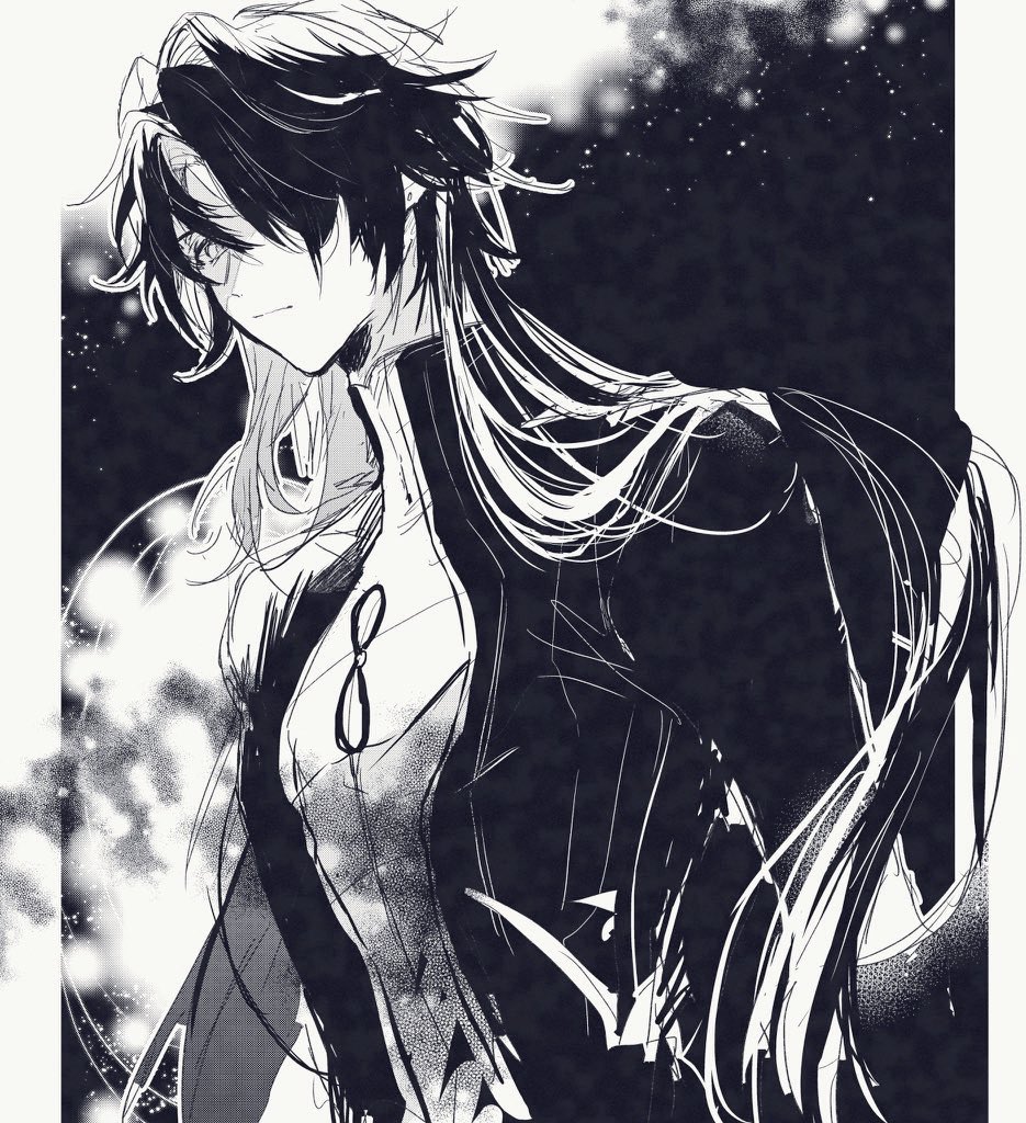 a black and white sketch of an anime male character with long black hair and a black coat, looking stoic with a determined expression.  the background has a subtle starry pattern and a few strokes of light. the drawing is done in a sketchy style.
