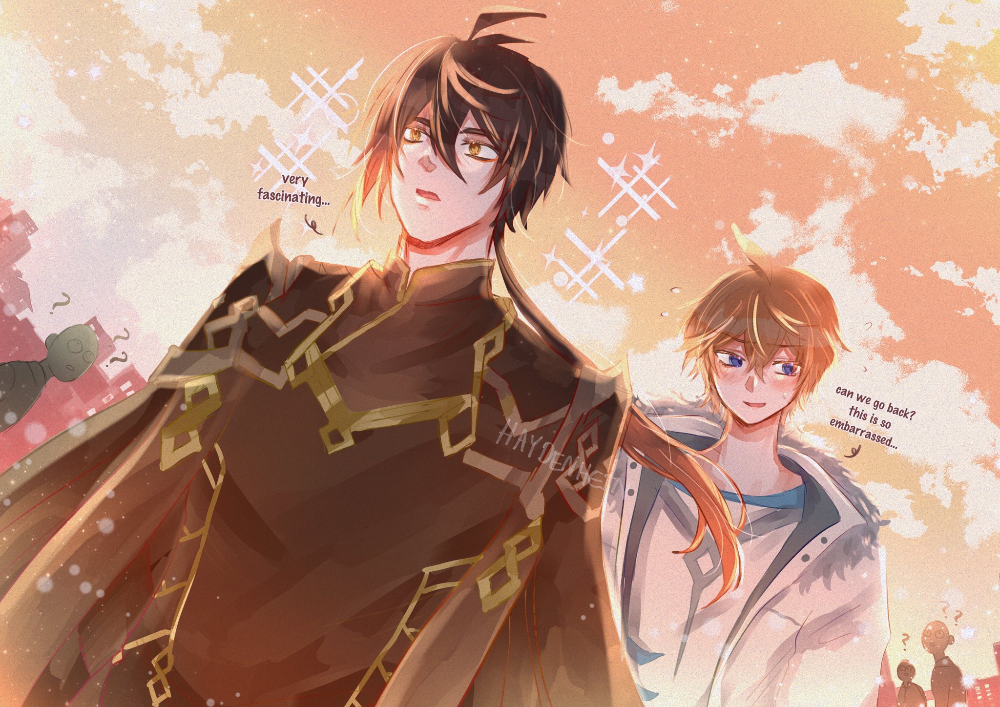 the image shows two anime characters, both males. the male character on the left has dark hair and is wearing a dark brown coat with golden accents. he is looking at the viewer and smiling slightly. he is saying, "very fascinating." the male character on the right has light brown hair and is wearing a white sweater with a light blue tshirt underneath. he is blushing slightly and looking at the character on the left. he is saying, "can we go back? this is so embarrassed.." the two are walking in a city at sunset. the background is a warm orange and pink sunset, and there are clouds in the sky. there are also buildings in the background, some of which are lit up with lights. the two characters are in a happy mood.
