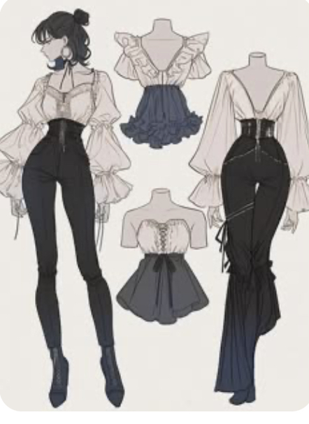 this illustration depicts three fashion designs for women. each design features a unique outfit, with one being a stylish top with a skirt, the other a dress with a skirt, and the last a casual top with pants. the art style is cute and whimsical, with the use of bright colors and delicate details. the outfits are all very trendy and chic, and would be perfect for a variety of occasions. the artwork is well done, with clean lines and an overall sense of cohesion.
