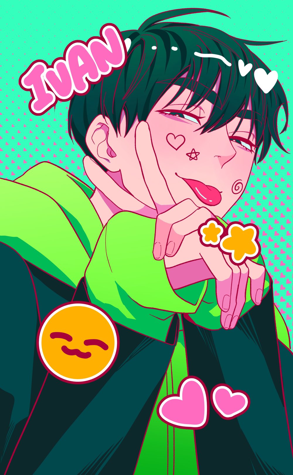 a digital illustration of a male anime character with green hair and a green and black hoodie. he is winking and has a happy expression on his face. there are hearts and smiley faces around him. the background is a green and pink pattern.