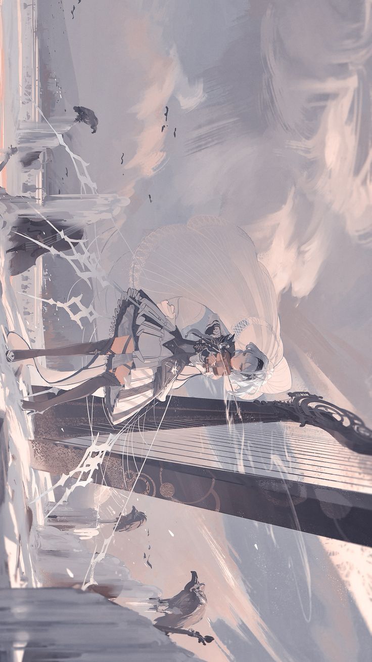 an anime girl in a white dress plays a large harp in the sky, surrounded by white clouds. the image is painted in a fantasy style, with a soft, dreamy aesthetic. the girl's expression is serene and focused as she plays the harp. the scene is peaceful and enchanting.