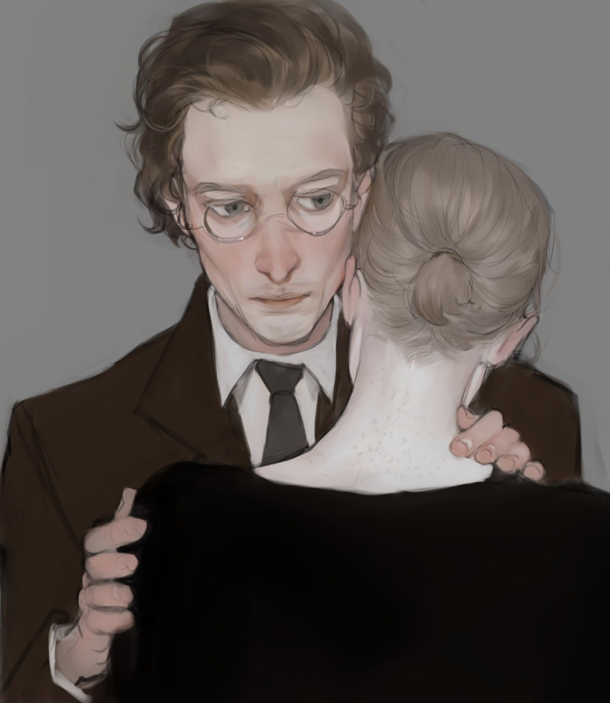 a man in a brown suit and glasses embraces a woman with blonde hair from behind. the man has an expression of sadness and concern. the woman's face is not visible, emphasizing the man's embrace and her vulnerability. the scene is painted in muted, somber tones, hinting at an emotional moment shared between the couple.