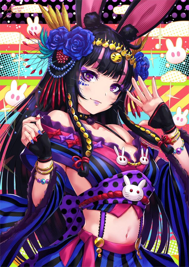 this is a digital illustration of an anime girl with black hair, purple eyes, and a pink and blue outfit with bunny ears. she is wearing a headband, earrings, necklaces, bracelets, gloves, and kimonolike clothing with stripes, polka dots, and bunny motifs. the background is a colorful design with stripes and polka dots. the overall style of the image is cute, colorful, and vibrant.  the illustration is likely a character from a japanese anime or manga series.