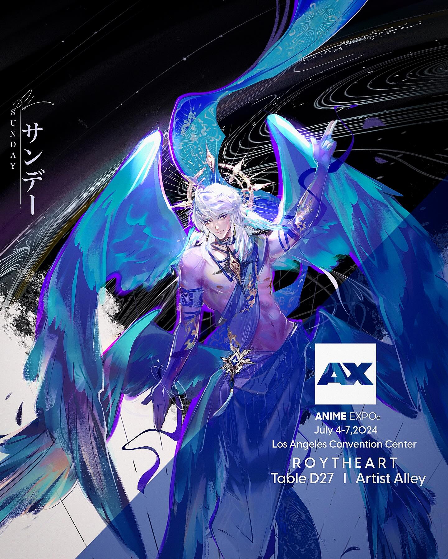 the image is a promotional poster for anime expo 2024, specifically advertising the artist roytheart who will be at table d27 in artist alley. the artwork features a striking digital painting of an androgynous angelic figure with large, vibrant blue wings, adorned in flowing purple and blue clothing. the figure's pose is dynamic and graceful, and the overall style is both fantastical and elegant.  the background features swirling lines and cosmic patterns that accentuate the ethereal quality of the figure and the artwork.  the anime expo logo and event details are clearly displayed.  the word "sunday" is written in both english and japanese, suggesting this is related to the schedule of the event.