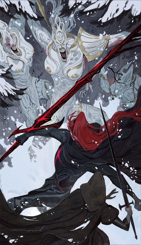 this is a digital art illustration depicting a battle scene in a fantastical realm.  two cloaked figures are fighting with swords against a backdrop of snow and a monstrous creature with large wings and sharp teeth.  the creature is white and the figures are black and red.  the composition is dynamic and full of energy,  with the figures and creature appearing to be frozen in midmotion.