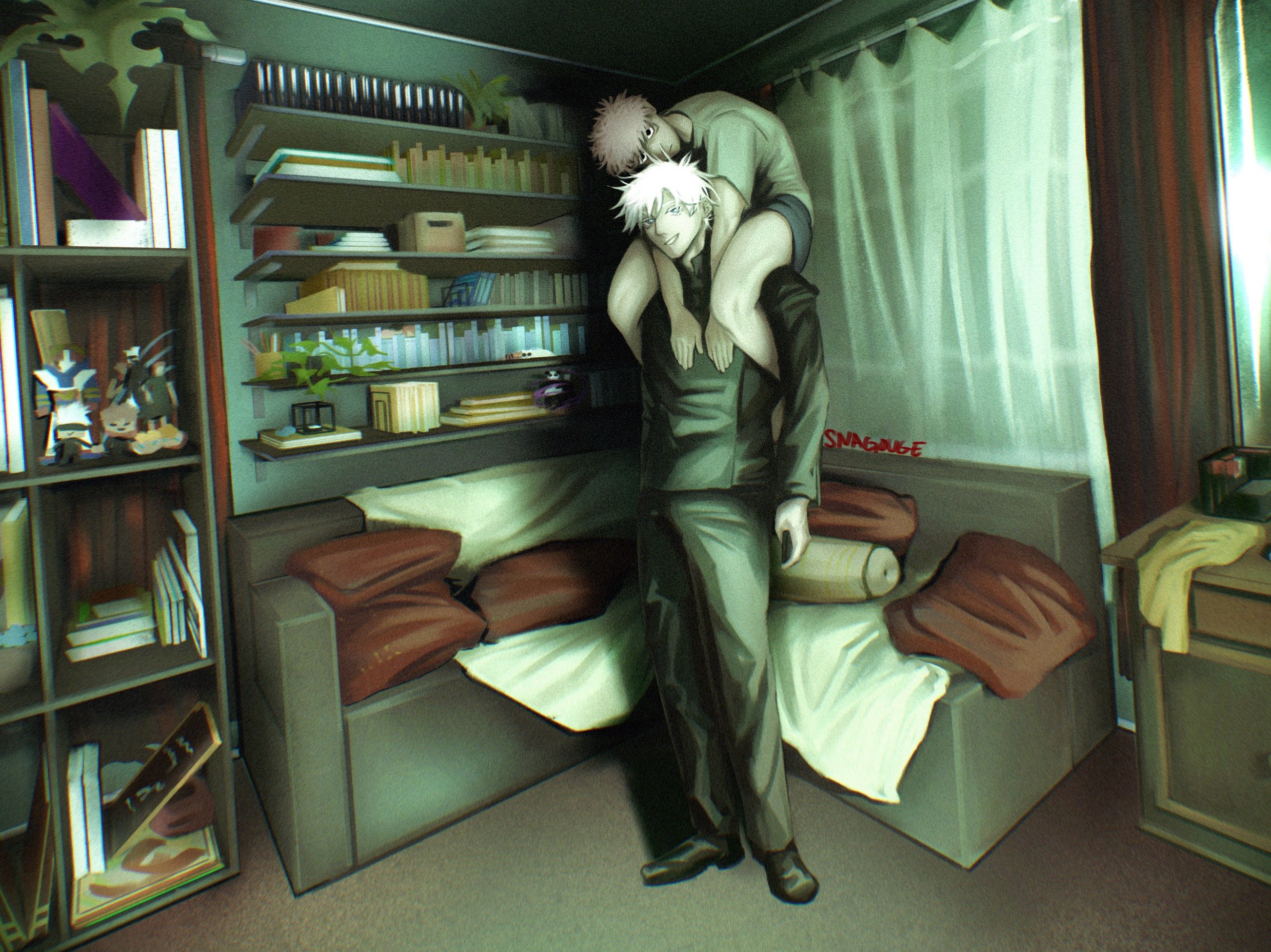 a man with white hair is carrying another man on his shoulders. they are both in an indoor setting, with a couch in the background. the man on the shoulders has blonde hair. bookshelves line the wall. the room is lit by an overhead light, making the scene dark and eerie.
