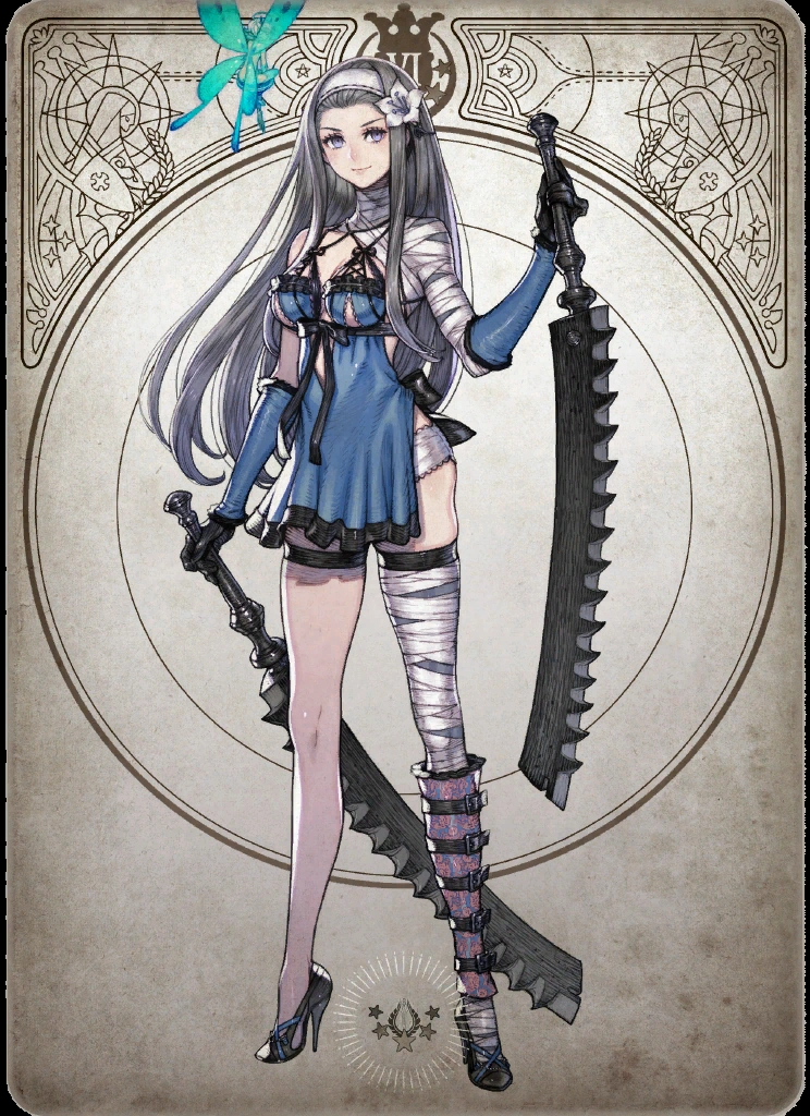 a vintagestyle, fullbody illustration of a girl with silver hair and blue eyes. she has a white flower in her hair and is wearing a blue dress with thigh highs, gloves, and bandages. she is holding two large swords and has a small fairy above her head. the background is an ornate frame with stars and geometric shapes.