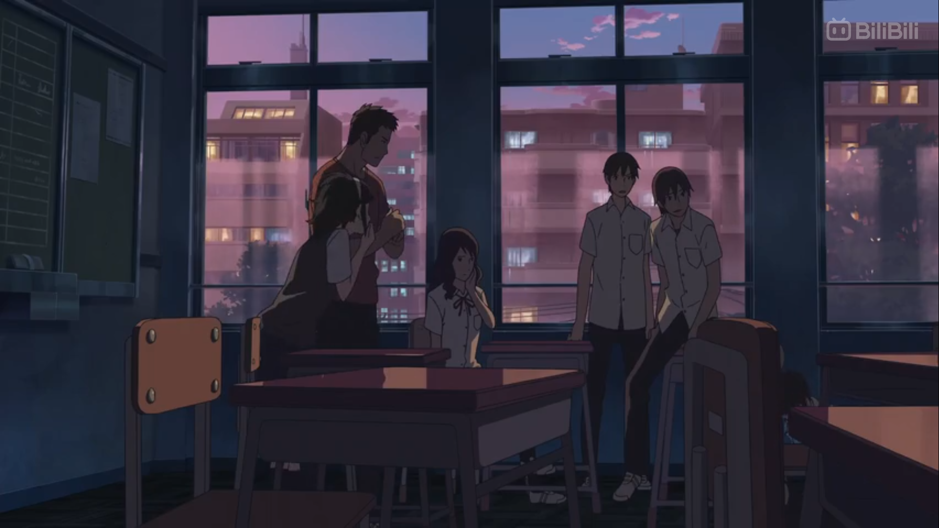the image depicts the interior of a school classroom with large windows offering a view of a city skyline at sunset. five students are gathered, seemingly engaged in conversation. the soft, warm light of the setting sun bathes the scene in a melancholic atmosphere. the overall palette consists of muted blues, grays, and a touch of orange from the sunset.