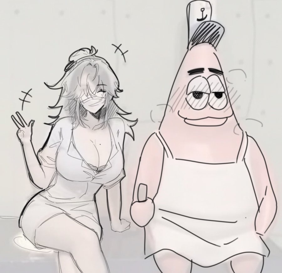 an anime style cartoon drawing of a girl in a nurse outfit and a male sailor, possibly patrick star, in a white dress looking at each other. it is a sketch in black and white with some pink highlights. the girl's face is partially obscured by a mask. both characters are smiling slightly and the sailor has blush on his face.  the background is plain white and the girl has lines drawn around her indicating she is blushing.  there are also squiggly lines drawn in the background representing sound effects.