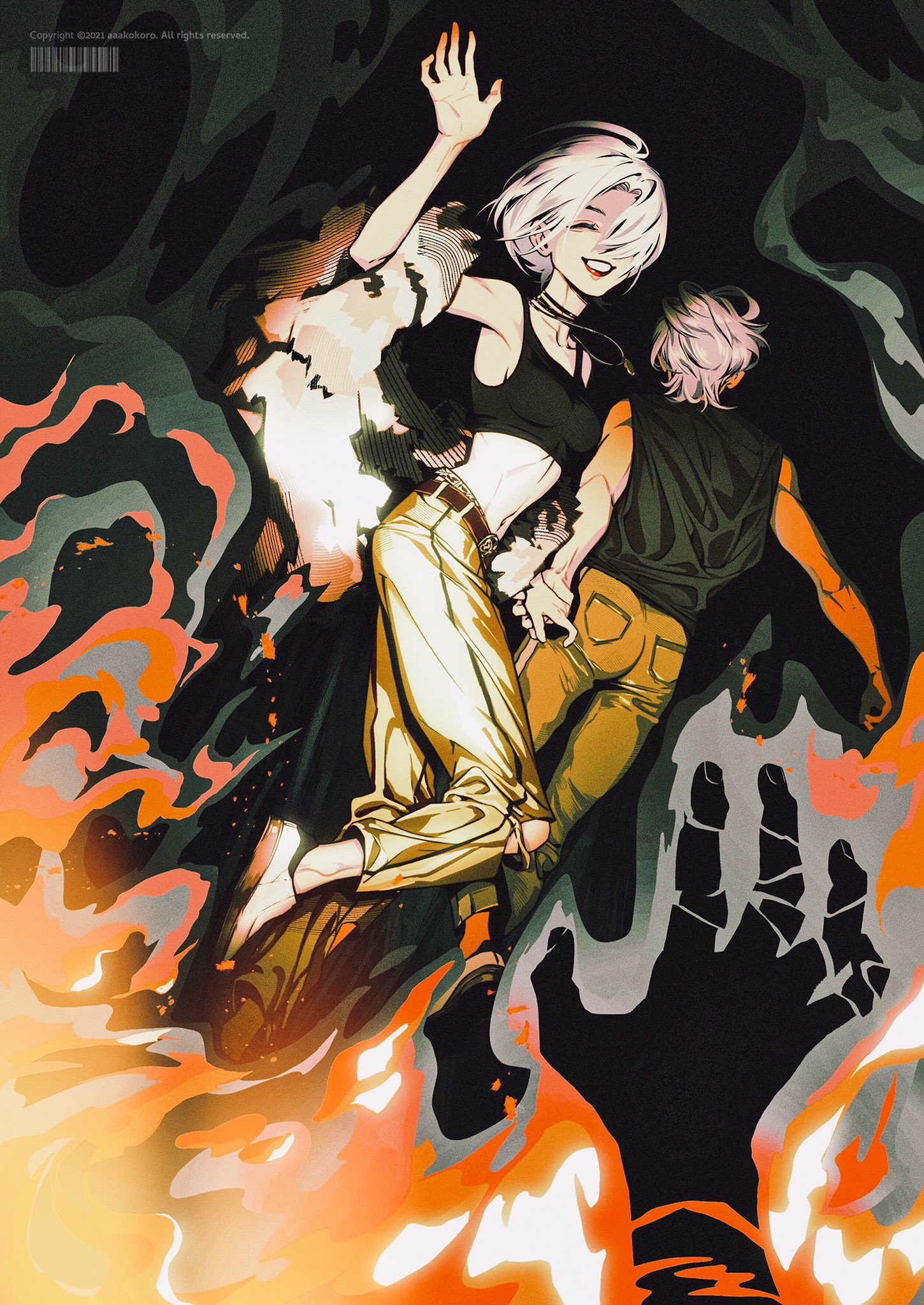 this is a digital illustration of two anime characters falling through flames, surrounded by a dark background. the girl in the front is wearing a black tank top and yellow pants. she has white hair and is smiling, with her hand raised. the boy behind her is wearing a black tank top and yellow pants, and has white hair. he is also smiling with one hand in the air. there is a black hand emerging from the flames in the bottom right corner of the image. the illustration is full of action, energy, and a dynamic feel.