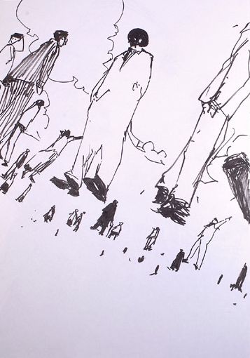 this is an ink drawing of 5 people, drawn in a simple and minimalist style. the figures are not detailed, but you can see a sense of movement and direction in the lines. the drawing is created on a white background, and the lines are black. it appears to be a handdrawn sketch, and there is a sense of abstraction in the way the people are depicted.