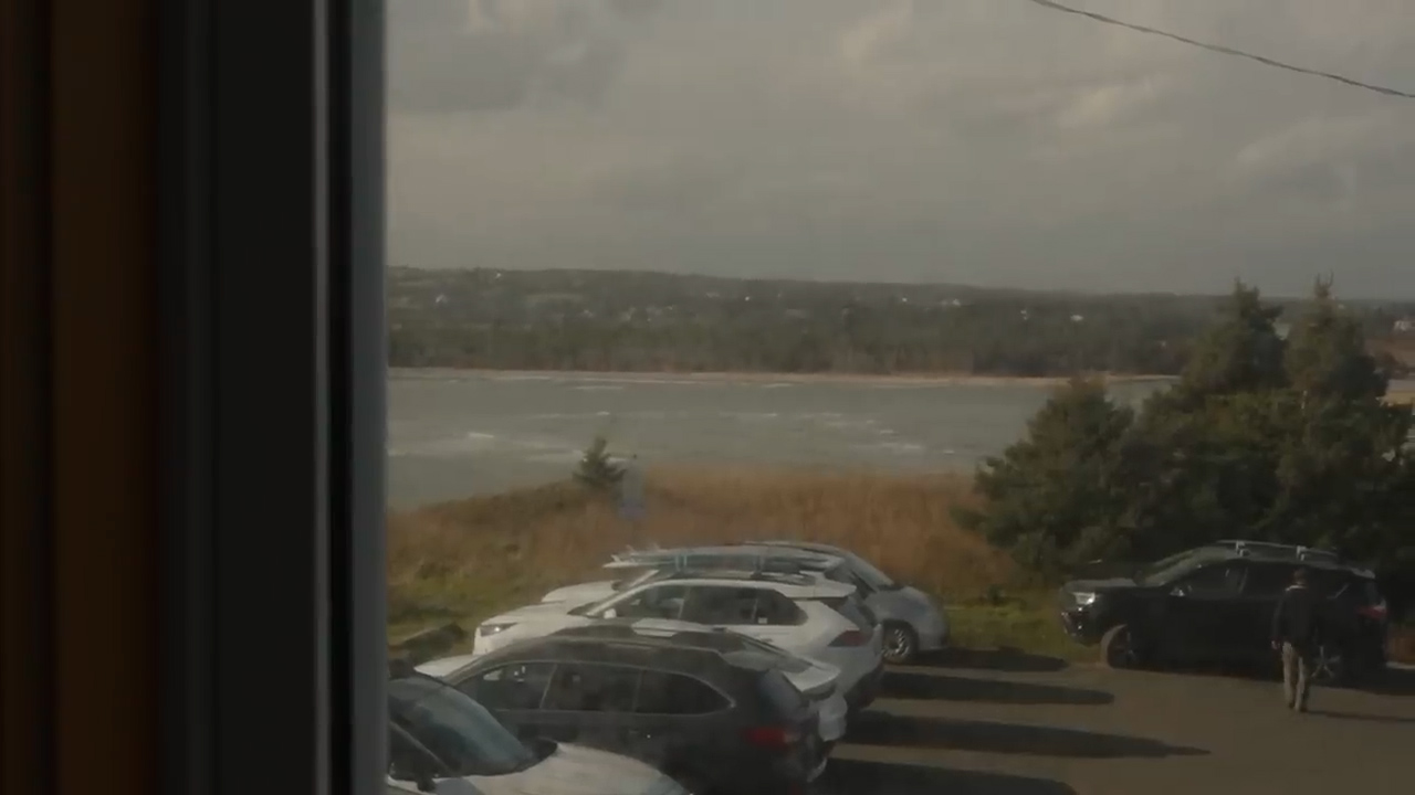 the image shows a view from a window looking out onto a parking lot situated on a coastal bluff. the parking lot contains several cars, mostly suvs. beyond the parking lot, the view opens up to a wide expanse of water, likely the ocean, with choppy waves visible on its surface. the coastline curves gently in the distance, disappearing behind some trees on the right side of the frame. the sky is overcast with a slightly hazy appearance, creating diffuse, natural lighting. a single person can be seen walking on the pavement near the cars. the overall atmosphere suggests a cool, breezy day at the coast.