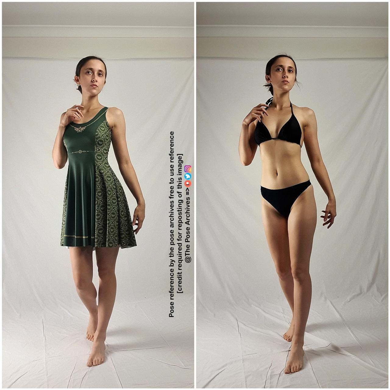 the image shows a young woman in two different outfits, standing against a white background. on the left, she is wearing a green dress with a design on it. on the right, she is wearing a black bikini. both images show the same pose, which is useful for artists looking for pose references. the image has text on it, indicating that it is a freetouse reference image but requires credit if reposted.