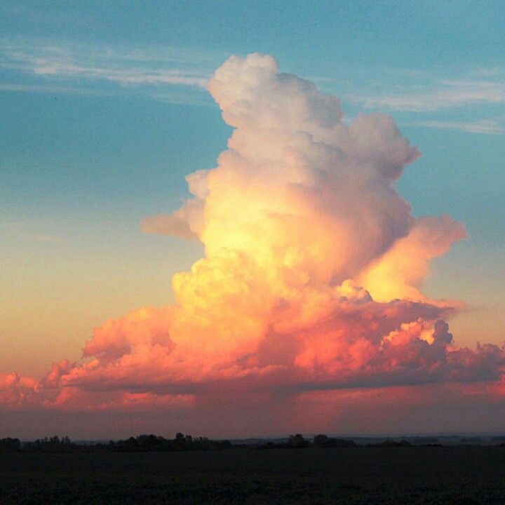 the image showcases a breathtaking sunset scene dominated by a massive cumulonimbus cloud.  the cloud is brilliantly lit by the setting sun, exhibiting a spectrum of warm colors including vibrant oranges, pinks, and yellows.  the lower portion of the cloud appears darker and more saturated, creating a dramatic contrast with the lighter, almost golden, upper regions. the cloud's imposing size and the intense colors suggest a powerful, yet beautiful, meteorological event.  in the foreground, a dark, flat field stretches to the horizon, providing a stark contrast to the vibrant sky above. the overall impression is one of aweinspiring natural beauty and the dramatic power of nature.