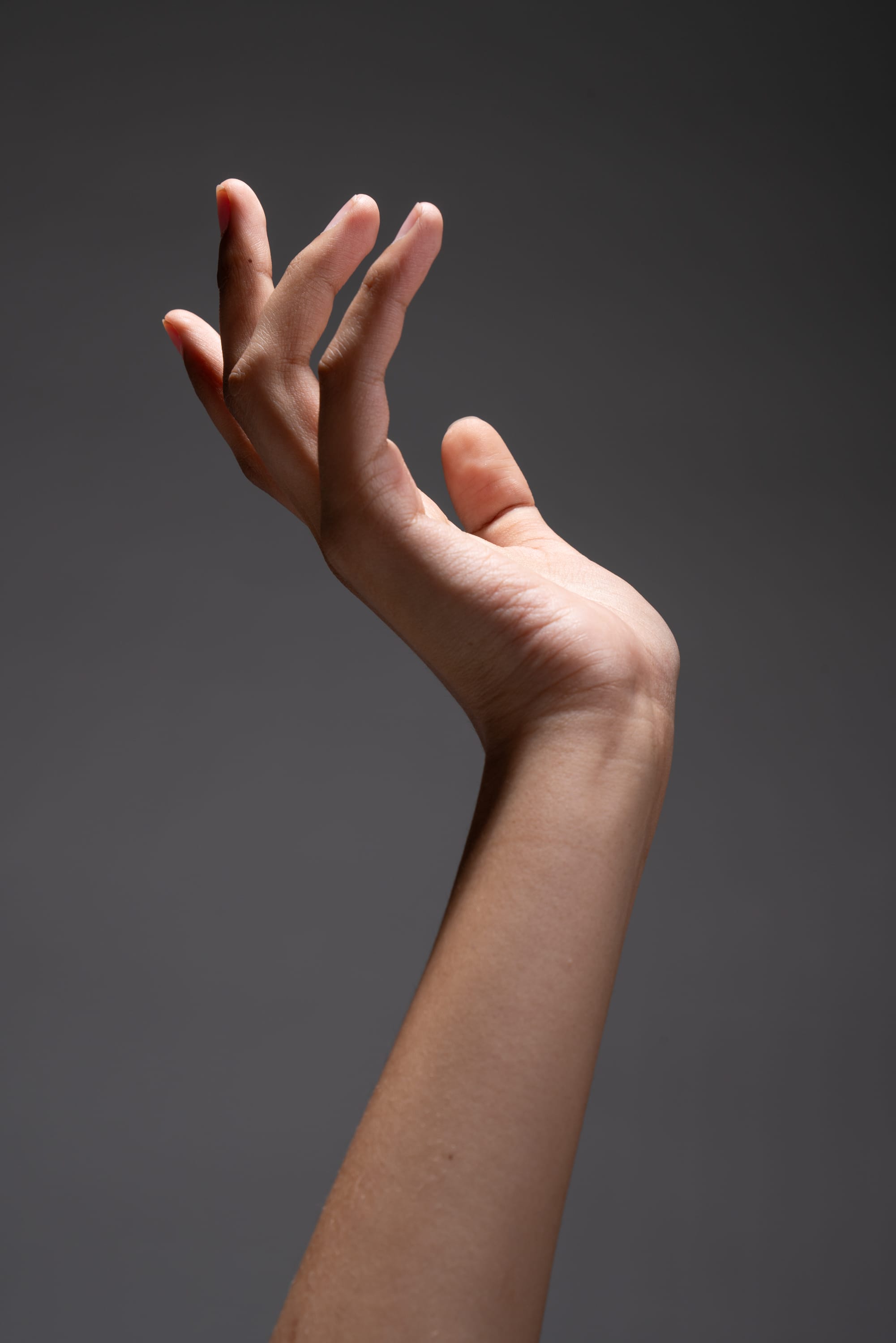 a woman's hand and arm are elegantly positioned against a gray backdrop. the studio lighting illuminates the hand, highlighting the smooth texture of the skin. the image emphasizes the beauty and delicacy of the female form.
