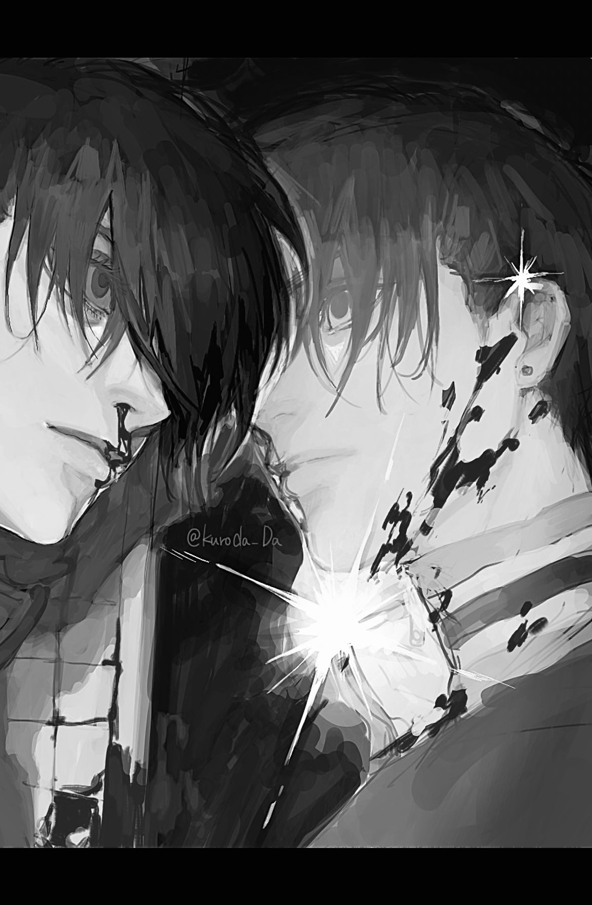 a black and white illustration of two men with their faces close together. the man on the left has a dark shadow cast on his face, and has dark blood dripping from his mouth. the man on the right has a bright light shining on his face, and appears to be wounded. the background is a blurry black.