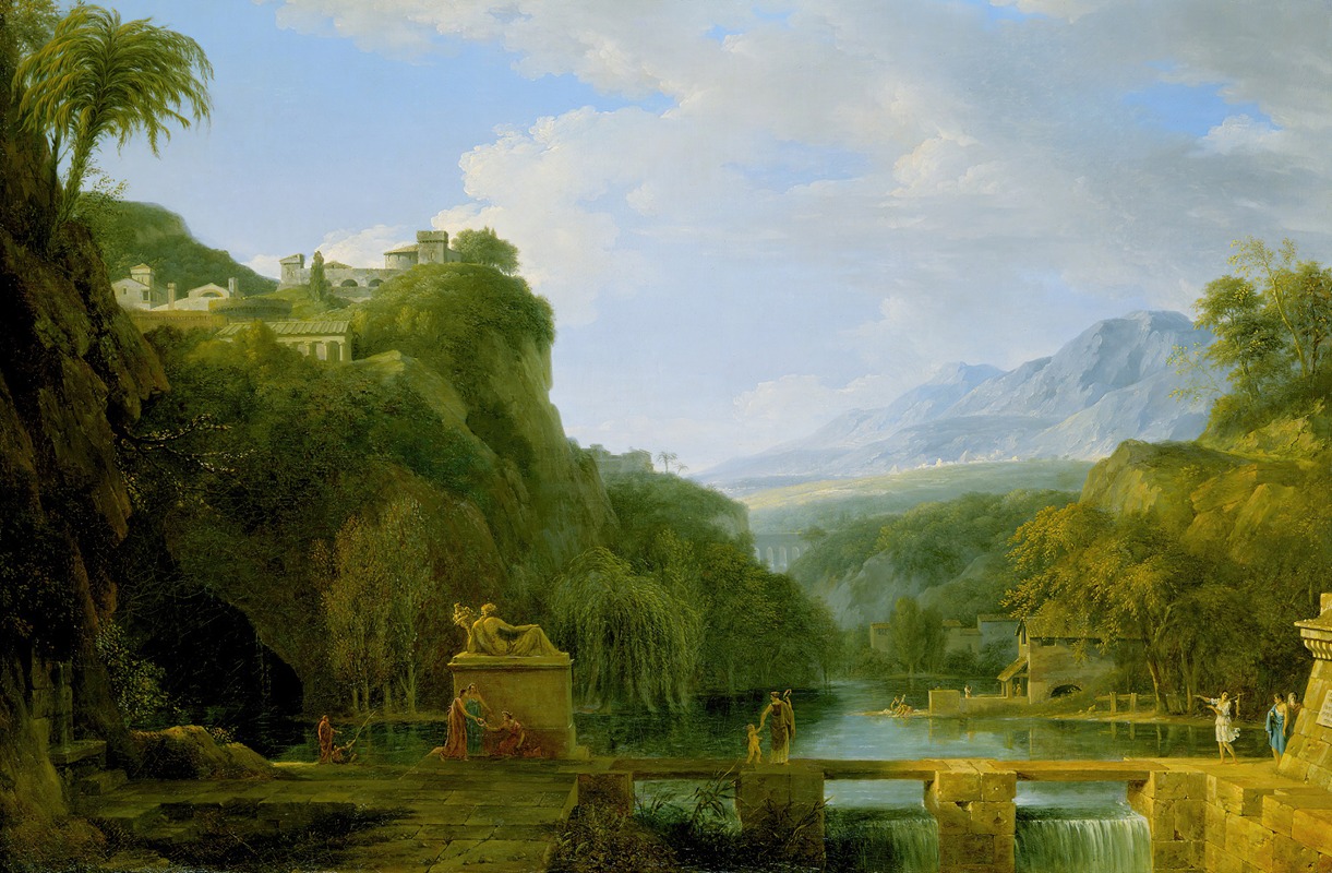 the image is a classical landscape painting featuring a river flowing through a lush valley with mountains in the background. a waterfall spills from a stone bridge in the foreground. figures are depicted near the river and around a statue on a pedestal. the scene also includes buildings, ruins, and a variety of trees and foliage. the sky is filled with clouds, and the overall atmosphere is serene and idyllic.