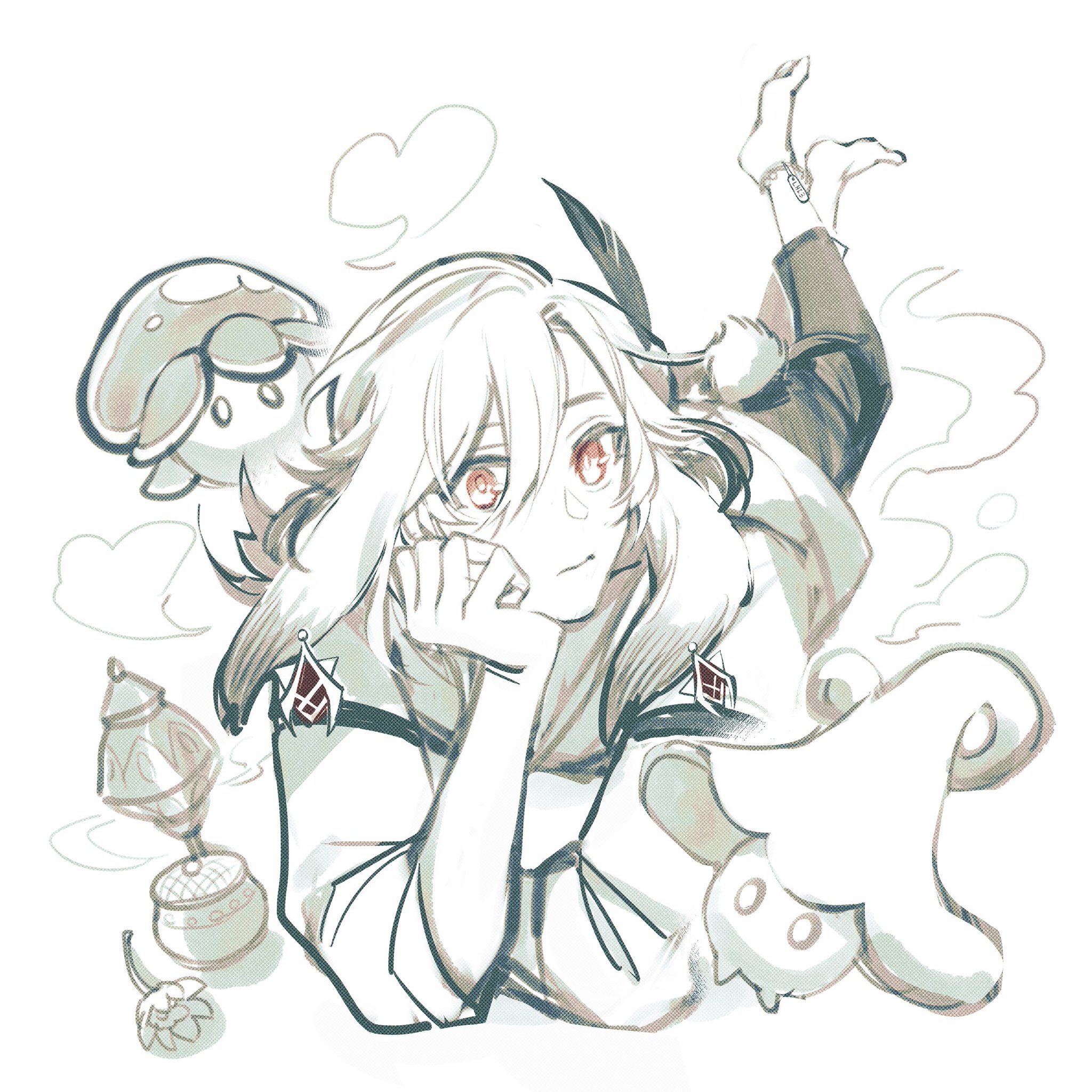 a digital illustration of a male anime character with white hair, red eyes, and a gentle smile. he is dressed in a long, white coat with a red collar and has a black feather in his hair. the character is surrounded by cute and whimsical characters, such as a mushroomlike creature, a cloud, and a little ghost. the artwork is done in a soft and dreamy style with light colors and gentle lines.