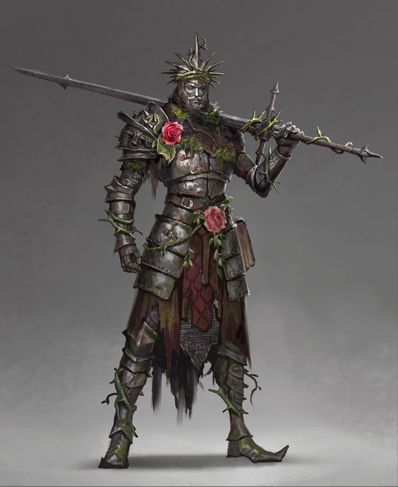 a fantasy knight in rusted and aged armor stands holding a sword.  he wears a crown of thorns and roses grow up his armor.  his armor has skulls and roses on it.