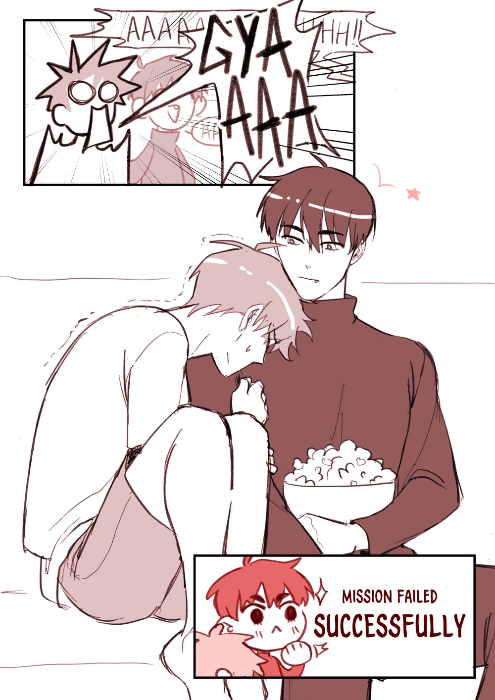 this is a cute and funny illustration of two anime boys. they are watching a movie together on a couch, cuddling, and enjoying a big bowl of popcorn. one of the boys seems to be enjoying the movie more than the other, judging by their expressions.