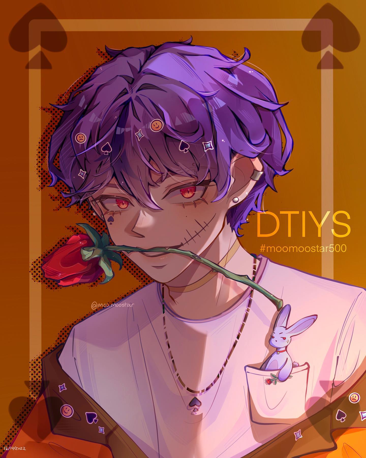 the image is a digital fanart depicting an animestyle boy with vibrant purple hair. he has visible stitches on his face and wears a lightcolored tshirt with a small rabbit in the pocket. a red rose is held delicately in his mouth by a stem. the background is a warm orange, accented by stylized spades and emoticons. the artwork is labeled as a "dtiys" challenge with the hashtag #moooostars500, suggesting a draw this in your style challenge by the artist moooostars500. the overall style is stylized and fashionforward.
