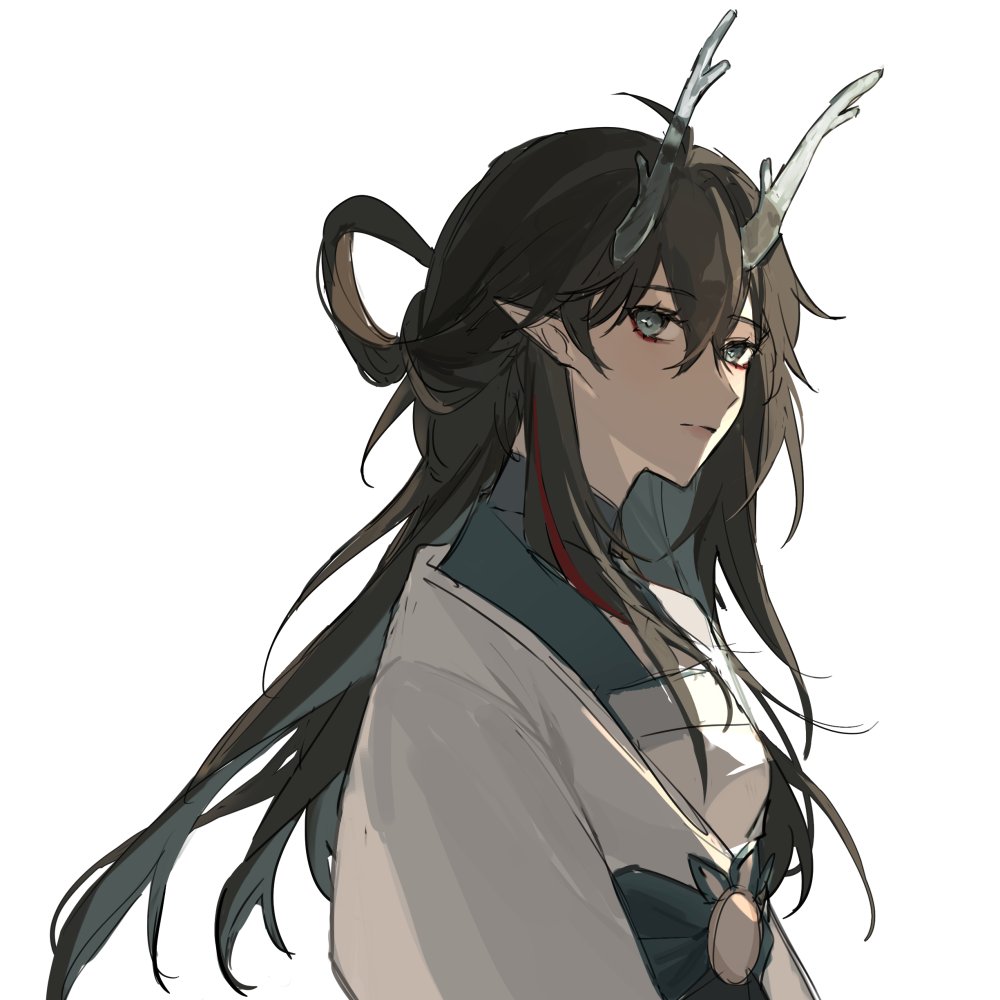 an animestyle illustration of a young woman with long black hair, wearing a white kimono and traditional japanese clothing. she has horns or antlers on her head and her expression is calm and serious. she is looking away from the viewer. the background is a simple white.