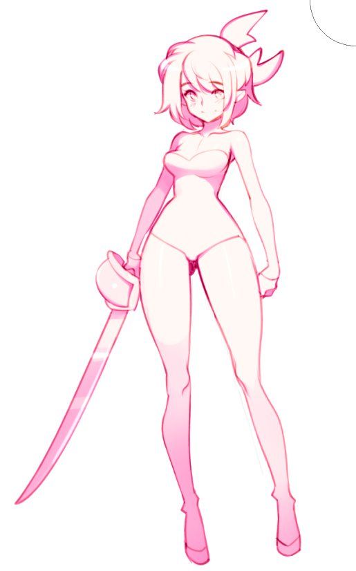a digital sketch of a cute anime girl in a pink and white outfit.  she is holding a pink sword and standing on a white background. the style is very simple, with just outlines and minimal detail.  the girl is depicted with a cute and innocent expression.