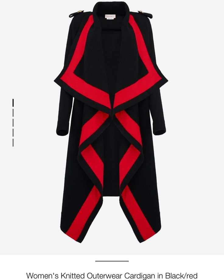 the image shows a women's knitted outerwear cardigan in black and red. the cardigan has long sleeves and an open front design. it features an asymmetrical design with a shawl collar and red contrast trim. there are shoulder embellishments present as well.