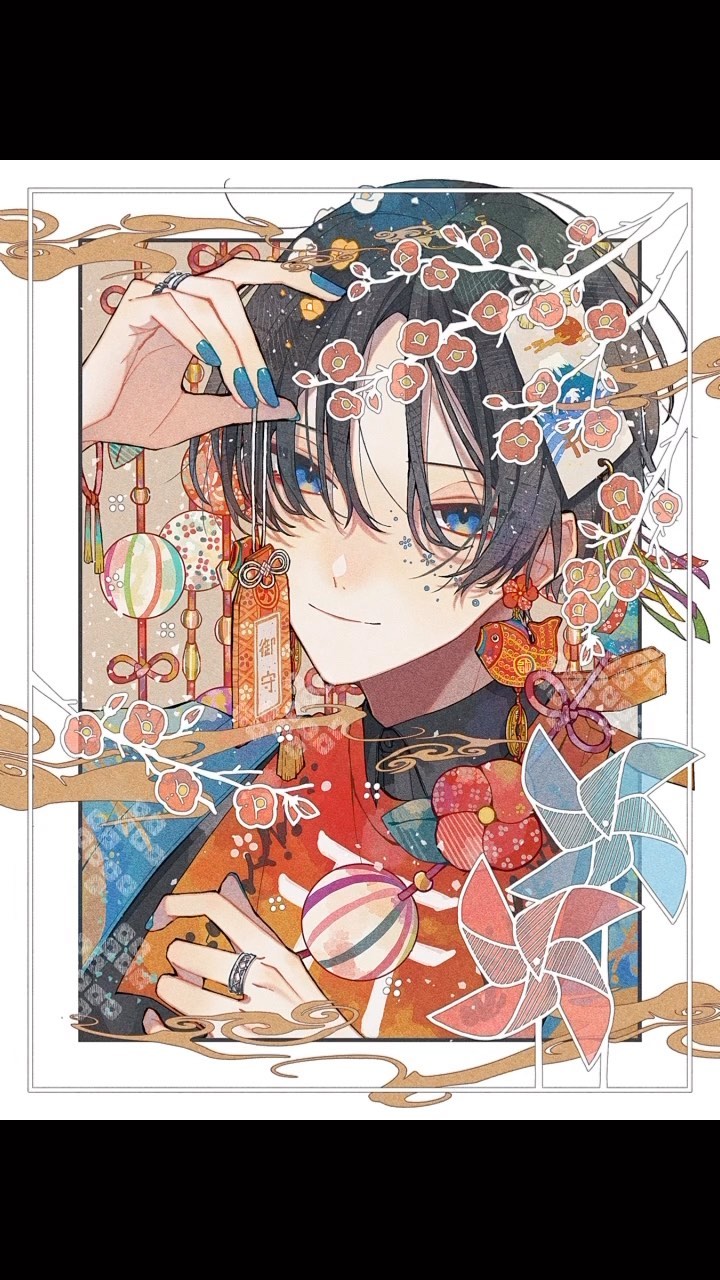 the image is a digital painting or illustration of an animestyle boy. he has dark hair, styled with accessories that evoke a traditional japanese aesthetic. he's wearing a red and orange kimonolike garment adorned with floral patterns and traditional japanese elements, including pinwheels and hanging ornaments.  his expression is soft and pleasant, and his attire and surroundings suggest a festive or celebratory occasion. the overall style is detailed and delicate, blending traditional japanese motifs with modern anime aesthetics. the color palette is warm and vibrant, dominated by reds, oranges, and blues. the image is framed with a decorative border that further enhances its artistic presentation.