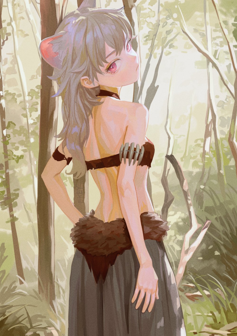 an anime girl with wolf ears stands in a forest, looking over her shoulder. she wears a brown top and a long gray dress with a fur trim at the waist. she has gray hair, pink eyes, and is wearing jewelry on her arm. the forest is green and lush with sunlight filtering through the trees.