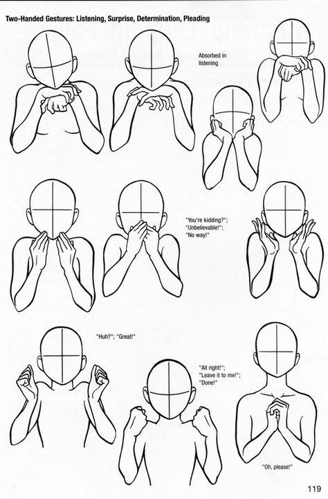 this is a drawing tutorial for creating various hand gestures and poses for anime and manga characters. it showcases different ways to portray emotions like listening, surprise, determination, and pleading through body language and hand gestures. each pose is illustrated with a simple outline of a character's head and body, and the specific emotions being conveyed are written underneath.
