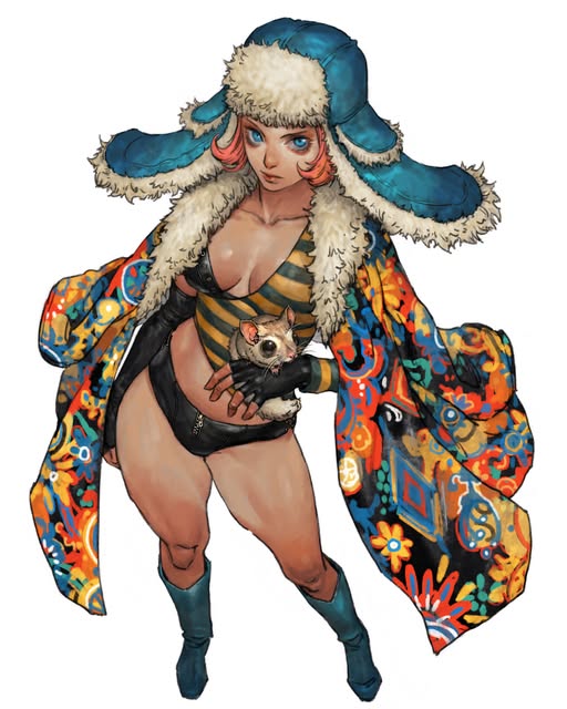 the image is a vibrant digital painting or illustration of a strong, confident young woman.  she has pink hair peeking out from under a large blue furlined ushanka hat. she's wearing a revealing, black and yellow striped top under a long, brightly colored, patterned coat reminiscent of a kimono or caftan. the coat features bold, swirling designs in orange, red, yellow, green, and blue. she has muscular legs and arms, suggesting strength.  she's holding a small, lightcolored rodent (possibly a sugar glider) gently in her hands. the overall style is a blend of anime and fantasy art, with a focus on dynamic composition and vivid color. the background is plain white, which makes the character and her clothing pop.