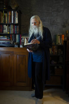 an old man with long white hair and a beard is sitting in a dimly lit room, reading a book. he is wearing a dark robe and is surrounded by bookshelves filled with books. the room has a dark and mysterious atmosphere. the man appears wise and scholarly, giving off a mystical vibe.