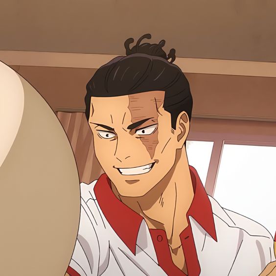 closeup of an anime man with a scar on his face, grinning. he has dark hair tied in a top knot and is wearing a red and white athletic shirt.  the background is blurred, suggesting an indoor setting.