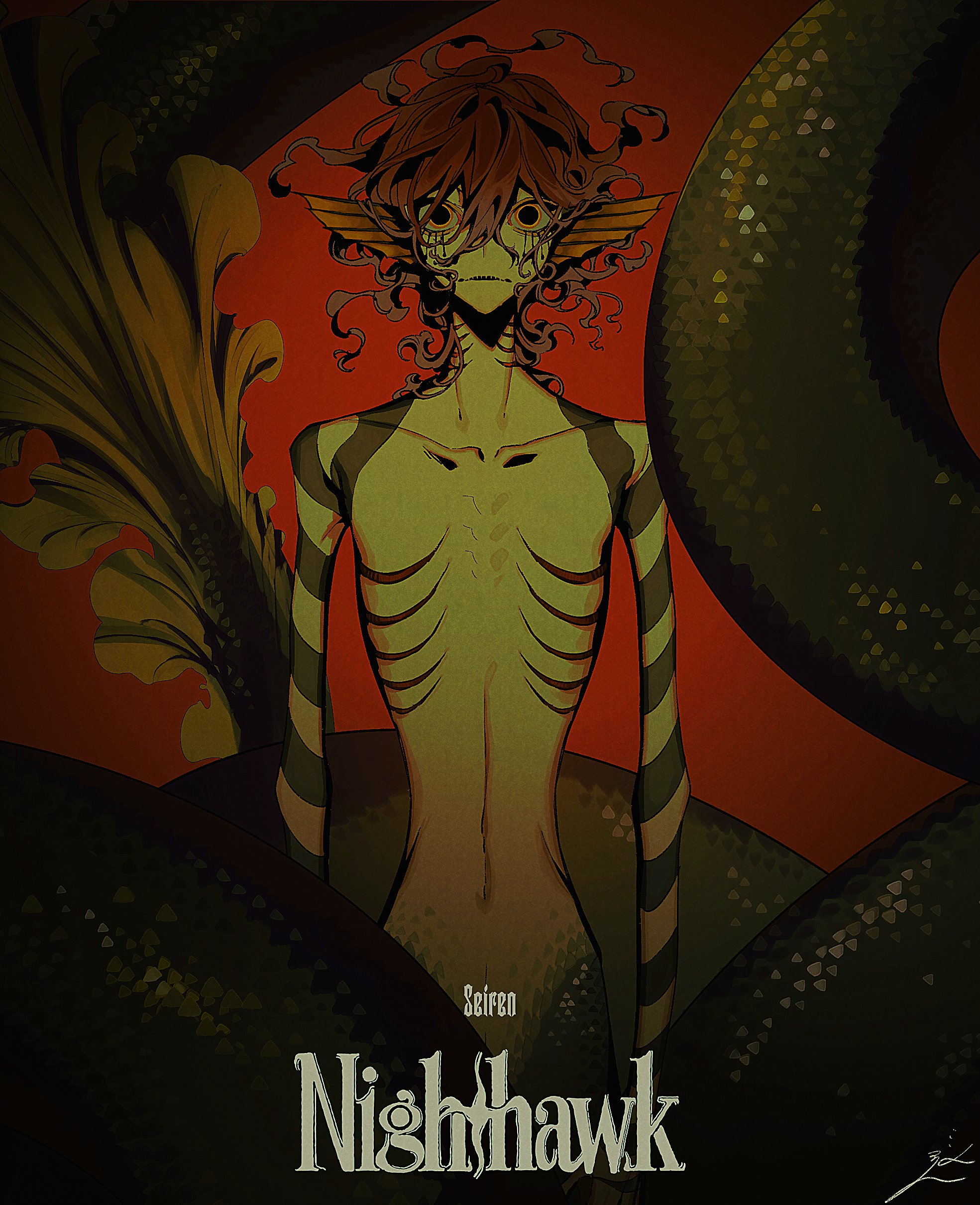 the image is a digital painting or illustration depicting a stylized siren or mermaidlike creature.  the creature has pale skin, an emaciated physique, and vertical stripes on its arms and torso.  its lower body is serpentine, with dark green, scaled skin. the creature has reddishbrown hair and fins on either side of its head.  its facial expression is forlorn or melancholic, with tears seemingly streaming down its cheeks. the background is a deep red, accented by dark green and a goldtoned, ornate flourish that appears to be part of the creature's tail. the title "nighhawk" and the artist's name "seireo" are prominently displayed at the bottom. the overall style is dark, gothic, and fantastical. the image conveys a sense of unease and mystery.