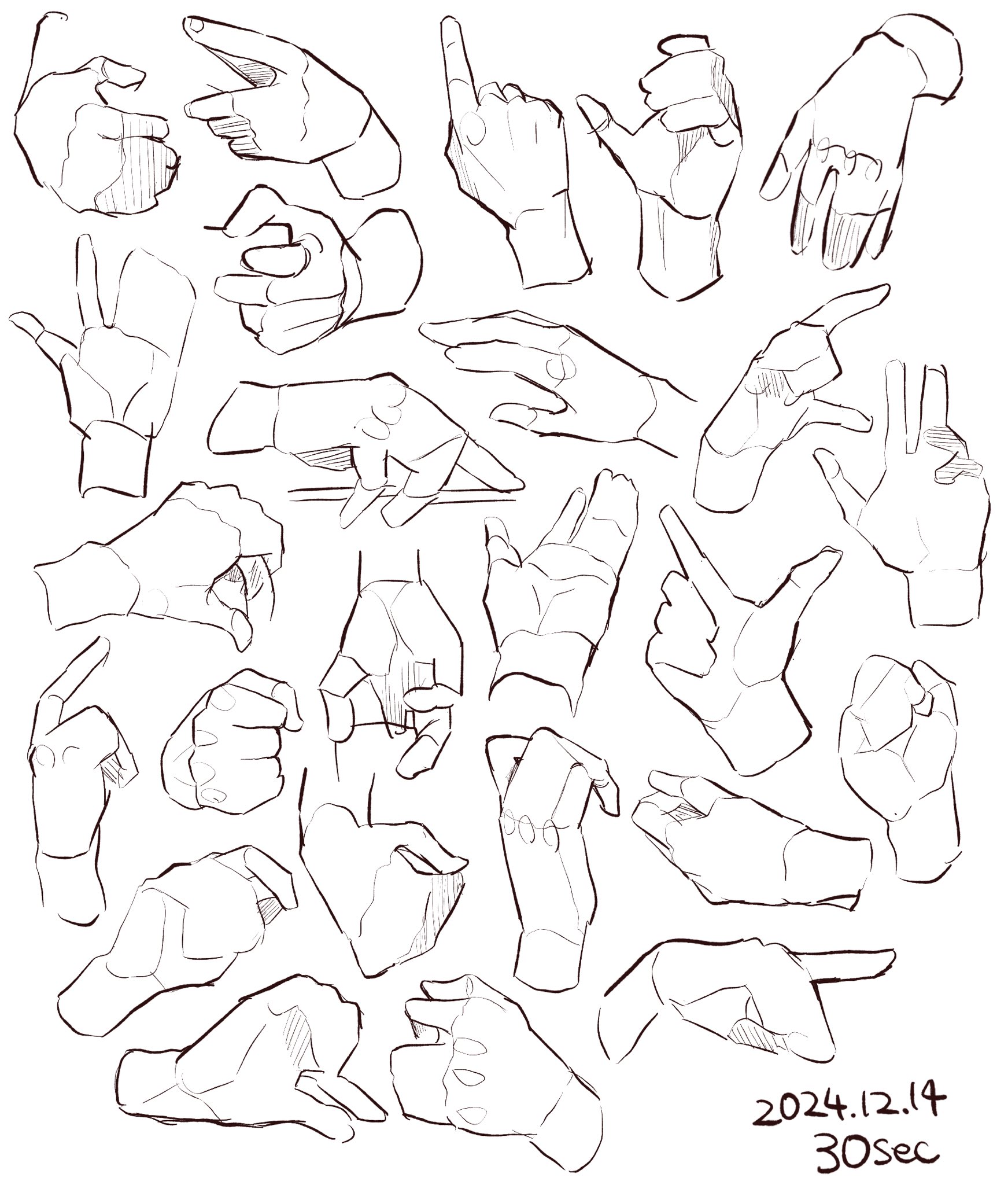 he image contains a collection of quick sketches of hands in various poses and gestures.  the style is loose and expressive, focusing on capturing the movement and form of the hands rather than precise detail. the sketches are done in black ink on a white background. the date "2024.12.14" and "30sec" are written in the bottom right corner, suggesting the drawings were completed in 30 seconds on december 14th, 2024. the overall impression is one of dynamic energy and a focus on capturing the essence of hand movement.