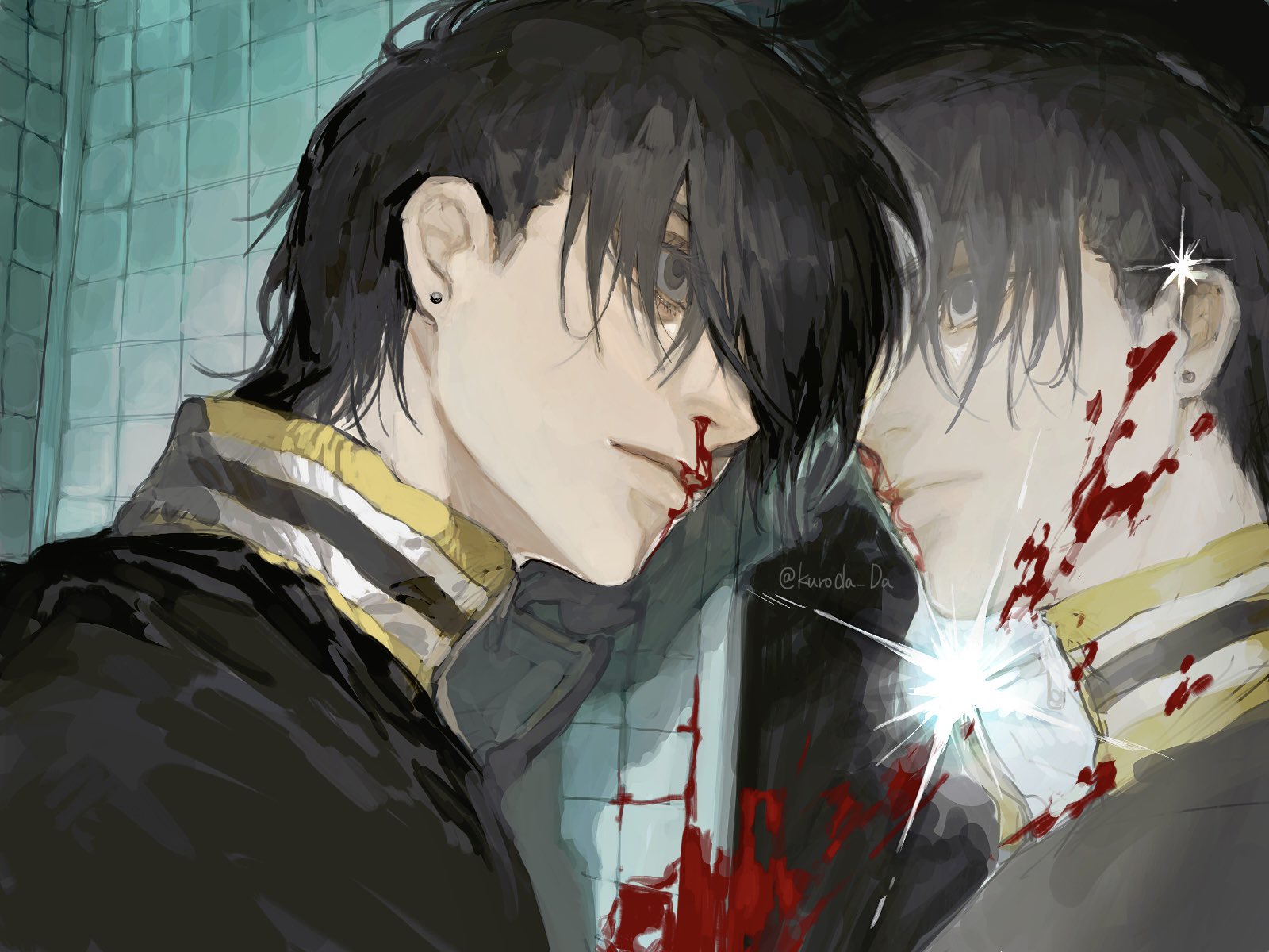 the image depicts a bloody scene of two anime boys. the boy in the foreground is looking at his reflection in the mirror, which shows the reflection of the same boy with blood on his face and a wound on his neck. the image is dark and gloomy, reflecting the pain and suffering of the boy. there is a knife behind the boy in the foreground, potentially hinting that the boy in the mirror is the result of the violence that occurred. the image is suggestive of a tragic event and raises questions about the boy's mental state and his relationship with the reflection.