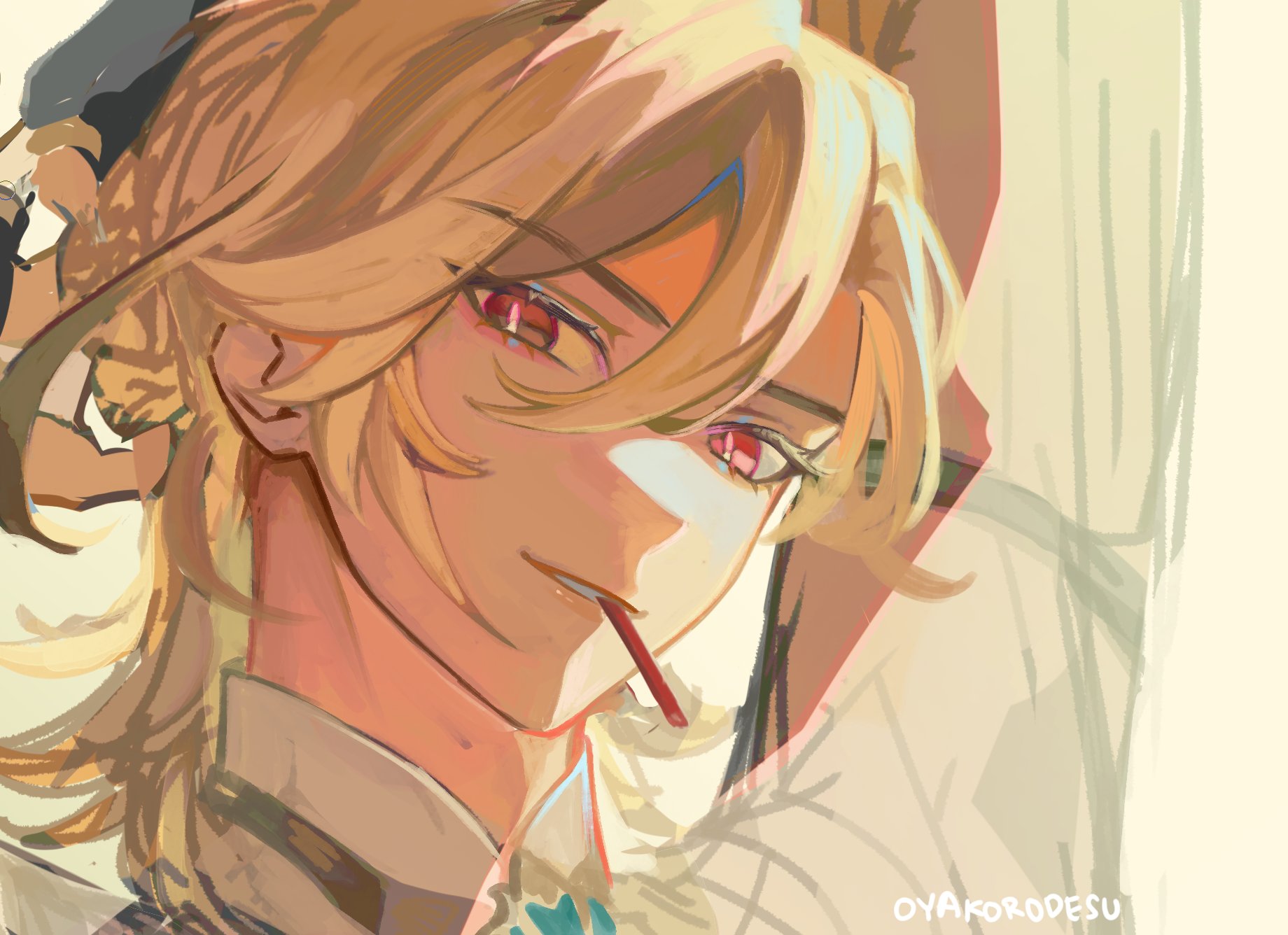 a closeup portrait of an anime boy with blonde hair and red eyes. he is wearing a white shirt and has a red stick in his mouth. the drawing is done in a digital style and the colors are bright and vibrant.