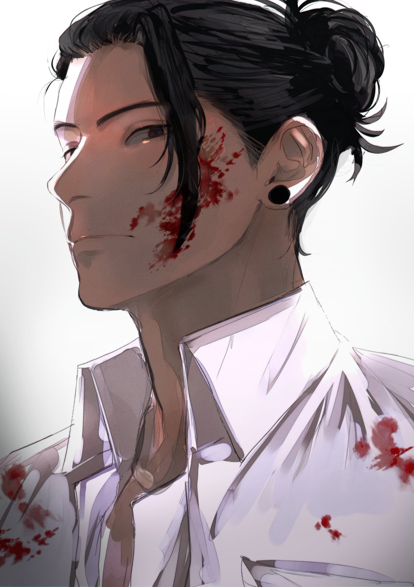 a portrait of a man from an anime with long black hair pulled back into a bun. he has blood splatter across his face and on his white shirt and he is looking to the left, with a serious expression. he is wearing a white shirt with the top button unbuttoned. the style of the artwork is a light, almost watercolorlike style.