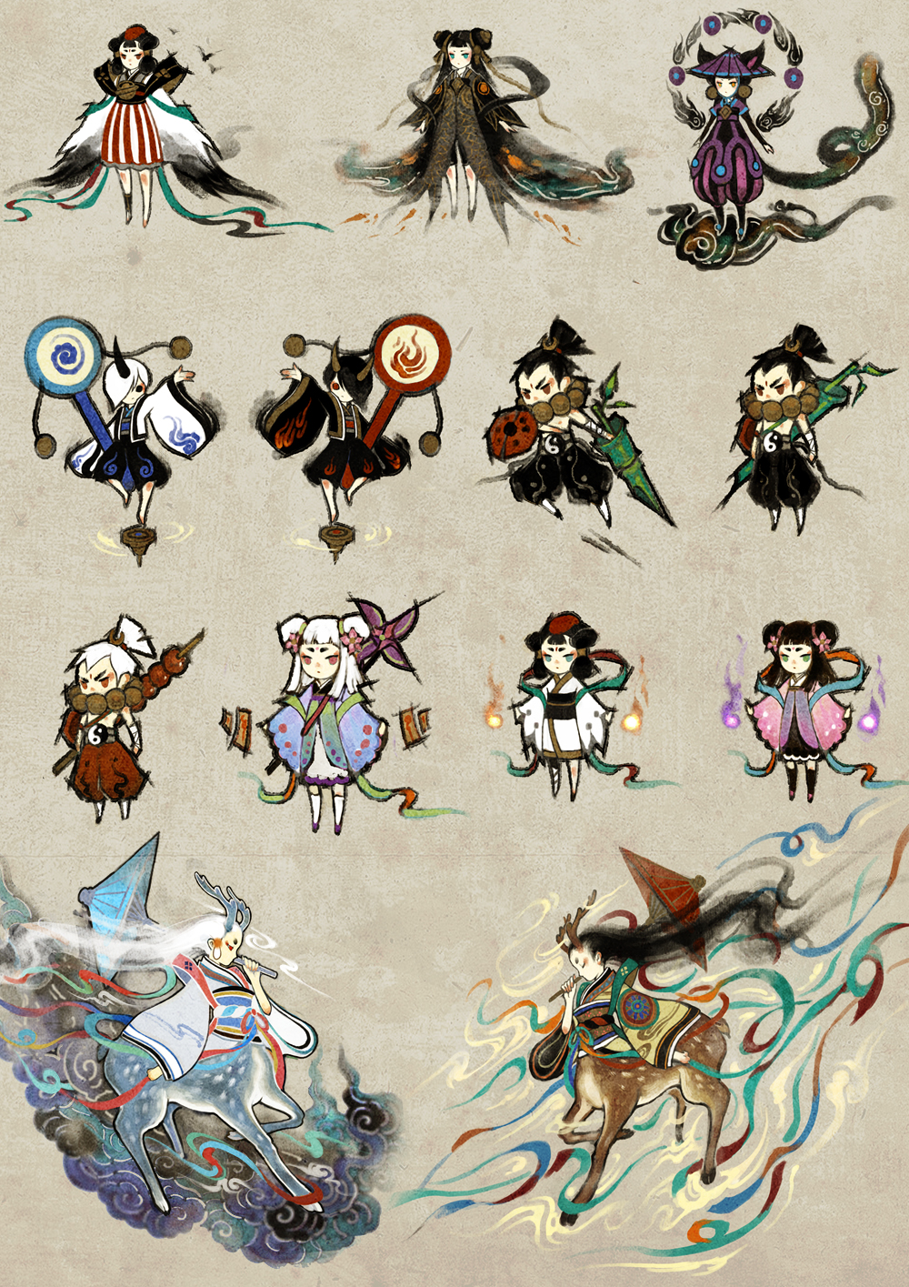 this image is a collection of different animestyle illustrations of characters and creatures. each character is a female dressed in a traditional japanese outfit and is portrayed as a magical or mythical creature. the characters are drawn in a colorful and detailed style, with each having unique elements and accessories. these illustrations capture the whimsical nature and beautiful aesthetics of japanese fantasy and mythology, showcasing a diverse range of personalities and magical powers. the characters are depicted in vibrant colors with captivating details, including flowing hair, ornate accessories, and captivating expressions. the artwork is rendered against a simple yet elegant background, allowing the characters to take center stage. it is a testament to the creativity and imagination that anime and manga often embody.