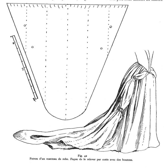 this is an antique illustration of a dress pattern and the completed dress. the dress has a long train and is gathered at the sides with buttons. the pattern is shown next to the dress, and there is a scale along the side of the pattern. the image is from a sewing book.