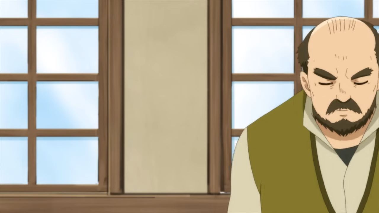 an anime style drawing of a man with a receding hairline and a beard. he's wearing a green vest over a black shirt.  he's indoors and appears to be deep in thought. the background suggests a traditional japanese room, evidenced by the shoji screenlike windows.