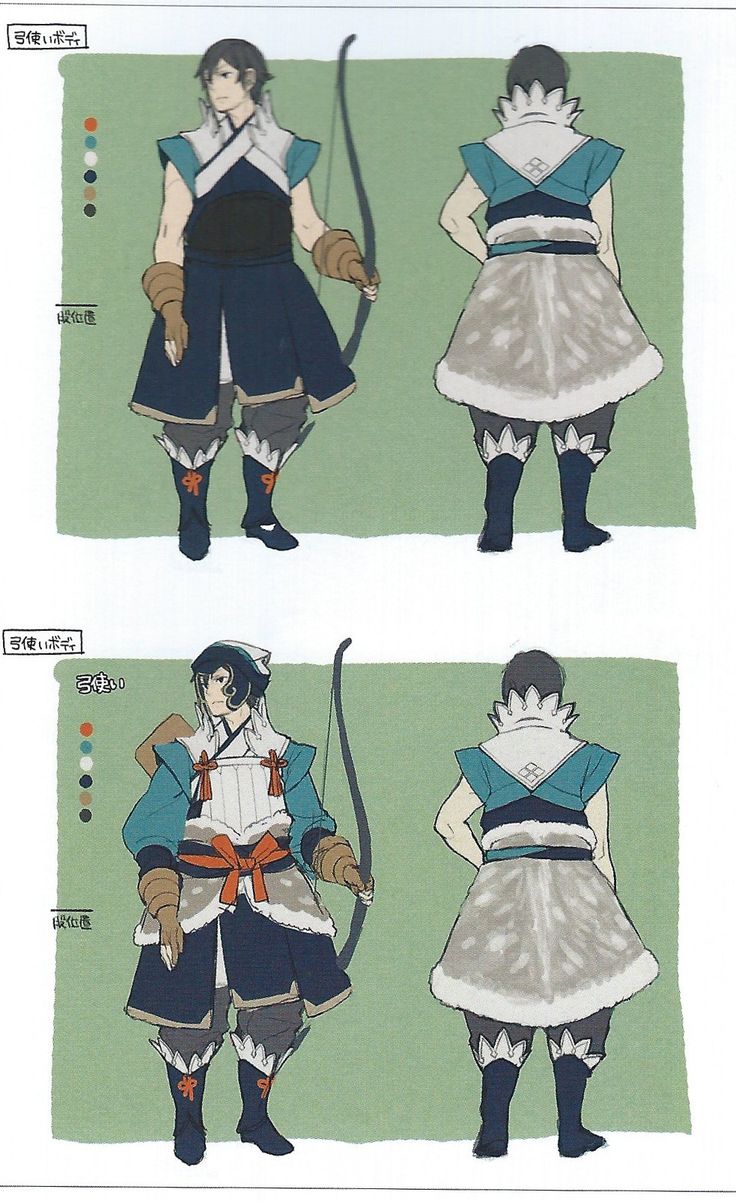 this is a concept art for an anime character design. the character is a male warrior, who is likely a samurai or archer based on his clothing and weapon. he has on a traditional japanese inspired costume with a fur trim. he is holding a bow and arrow in his right hand. there is also a version of the character in the background showing his back view. this is a digital illustration that looks like a rough draft or sketch.
