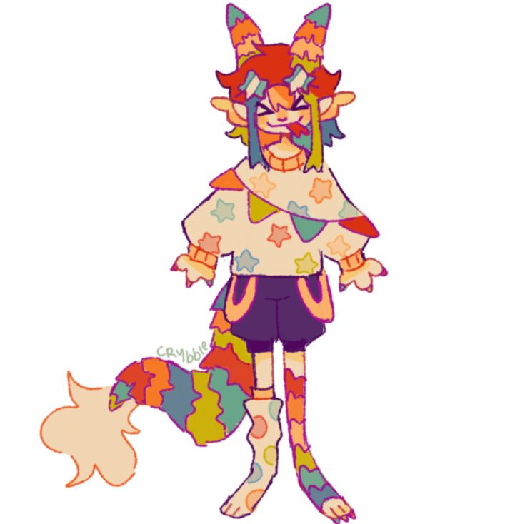 the image is a digital illustration of a whimsical, colorful character.  the character appears to be an anthropomorphic creature, possibly a cat or fox, with a long, multicolored tail resembling a pinata or party streamer. it wears a pastelcolored sweater with star patterns and matching socks, paired with purple shorts. the character's design is playful and features bright, rainbowlike colors and a happy expression. the art style is loose and sketchy, characteristic of online character art or fanart.