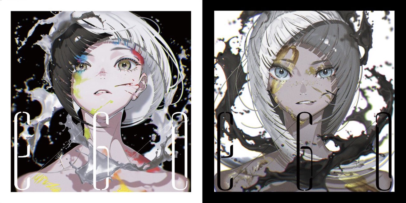 the image is a diptych, with two similar but contrasting portraits of a girl.  both portraits feature a girl with a black and white color scheme, with her hair and clothing primarily in those colors. in the left portrait, the girl's face is adorned with splashes of vibrant, multicolored paint. her expression is one of slight surprise, with her eyes wide and her mouth slightly open. in the right portrait, the girl's face is adorned with gold paint that drips down her face. her expression is more neutral, with her eyes looking directly at the viewer. the background of both portraits is black, which further emphasizes the contrast between the two images. the overall effect is one of duality, with the two portraits representing different aspects of the same person.