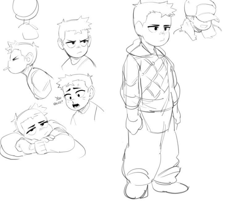this image is a digital sketch of multiple characters, all of which are young boys. they all have different features and clothing, and they are all in various poses. the sketches are drawn in black and white, and the style is cartoonlike. there is a distinct anime influence in the characters' facial features and attire.