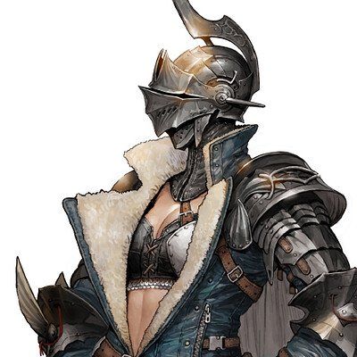 the image showcases a detailed digital painting of a female warrior clad in ornate, metallic armor. her helmet, a prominent feature, is intricately designed with a raised visor and a flowing, crescentshaped plume.  she wears a furlined, open jacket over a breastplate, hinting at practicality beneath the battleready exterior. the warrior's pose suggests strength and readiness, further emphasized by the glimpse of a bladed weapon on her left hip.