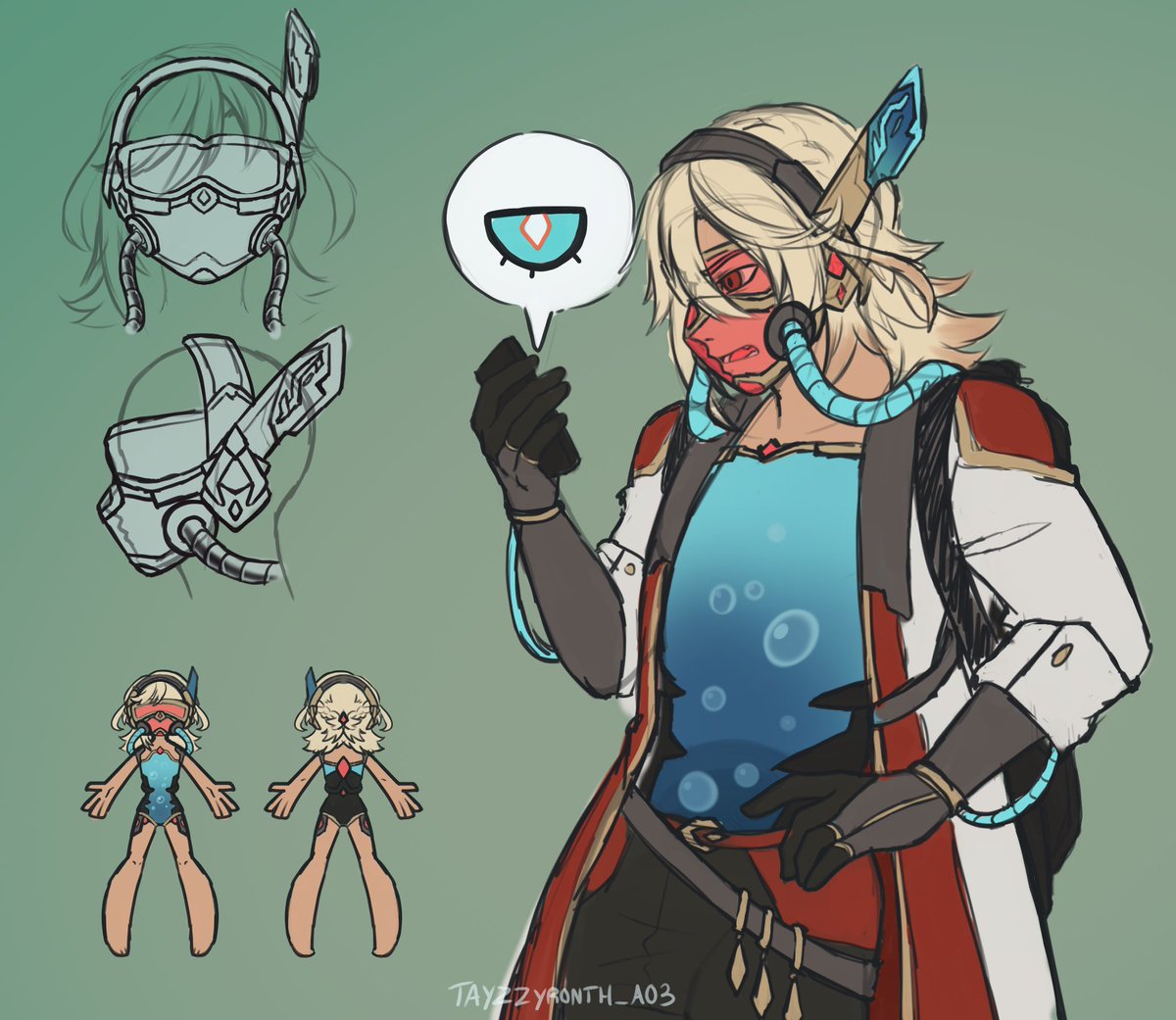 an illustration of a female anime character. she has long blonde hair, blue eyes, and is wearing a blue and white shirt, a red coat, and black gloves. she is holding a device with a blue and white eye design. there are various design elements around the character that appear to be from a helmet or headpiece.