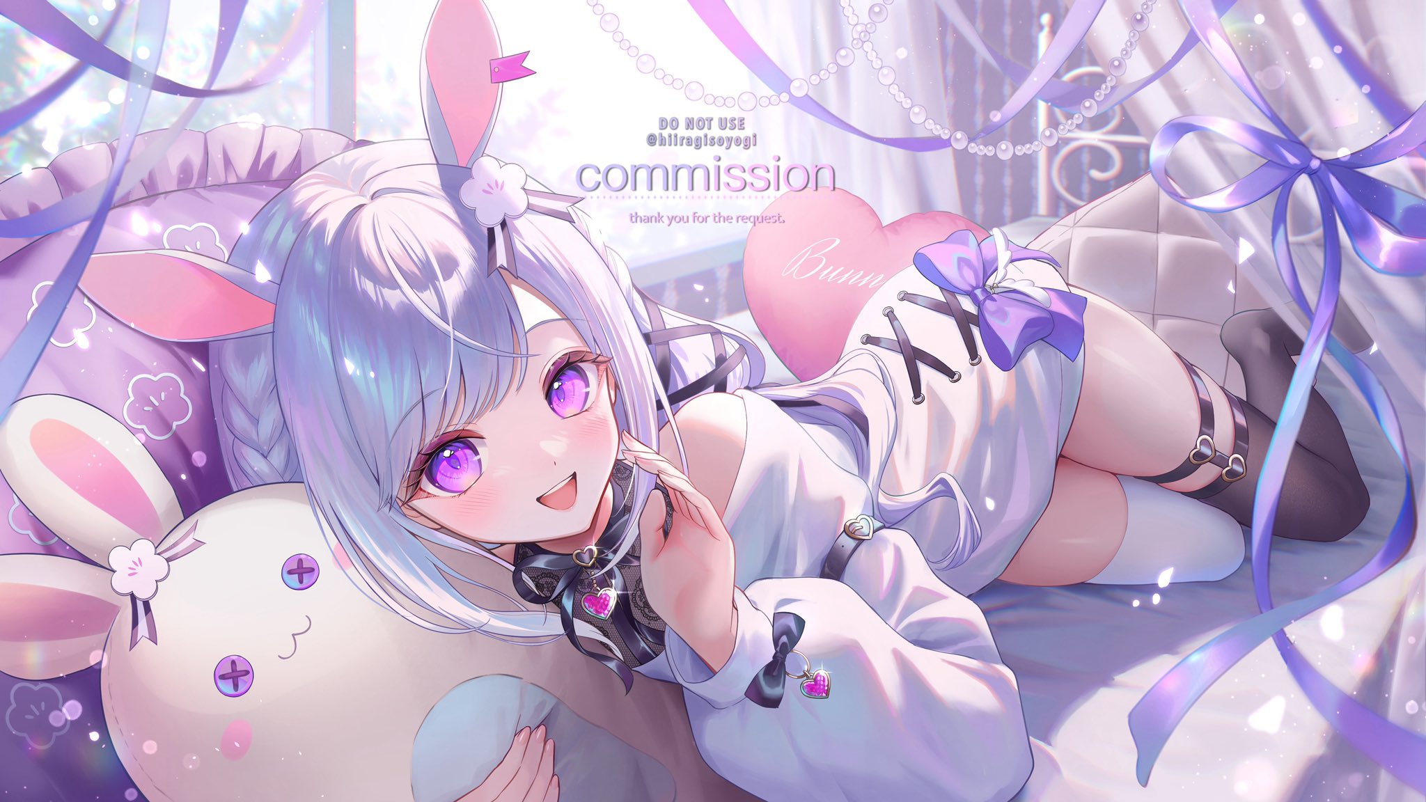 the image is a digital illustration of a cute anime girl with long, light purple hair styled with rabbit ears. she's wearing a white dress with a pink bow and purple ribbons. she's lying on a bed, surrounded by pastelcolored ribbons and pearls. she's holding a cute plush bunny toy and has vibrant purple eyes.  the art style is soft and dreamy, with pastel colors and a focus on cute details.  there is text indicating this is a commission piece, with a request to not use the artwork without permission.